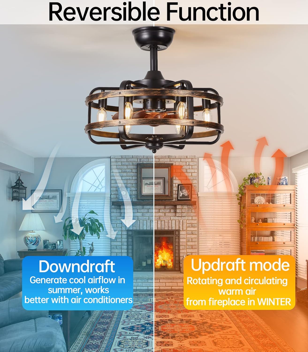 Ceiling fan with reversible function shown in a living room and near a fireplace.