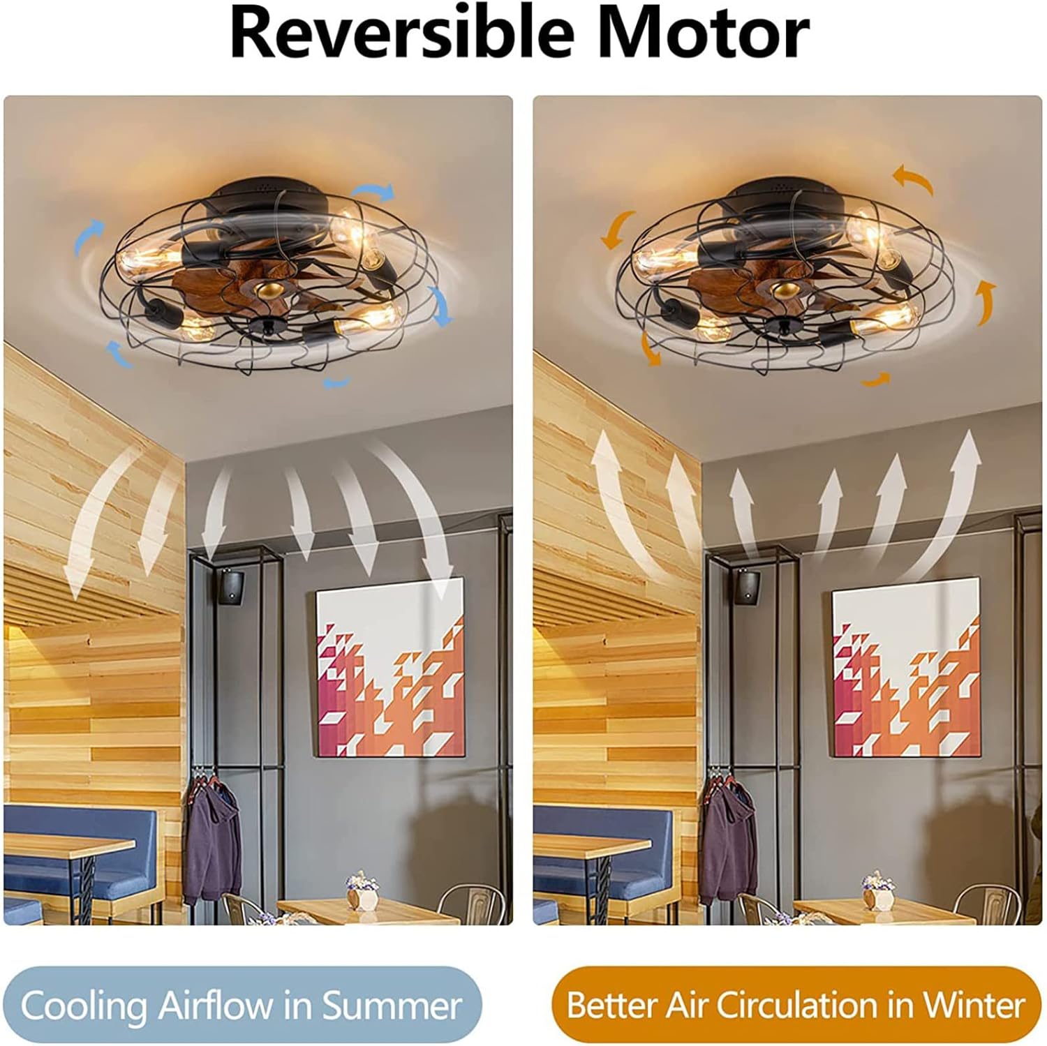 Ceiling fan with reversible motor showing cooling airflow in summer and better air circulation in winter.