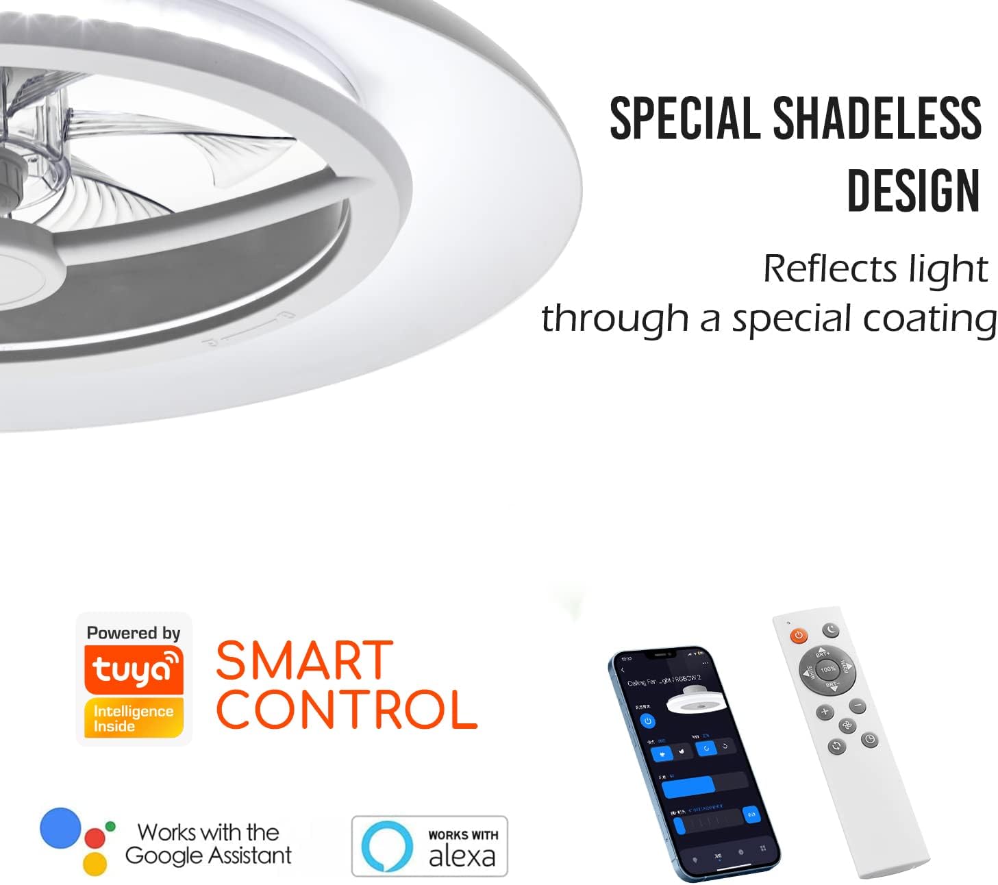 Ceiling fan with smart control features and Tuya Smart branding.