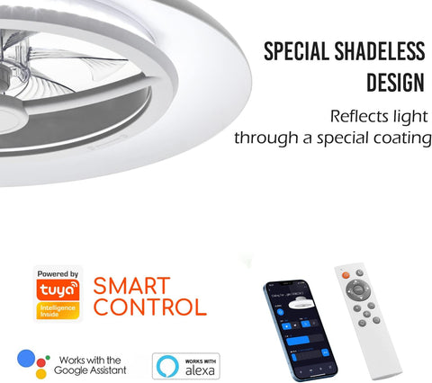 Ceiling fan with smart control features and Tuya Smart branding.