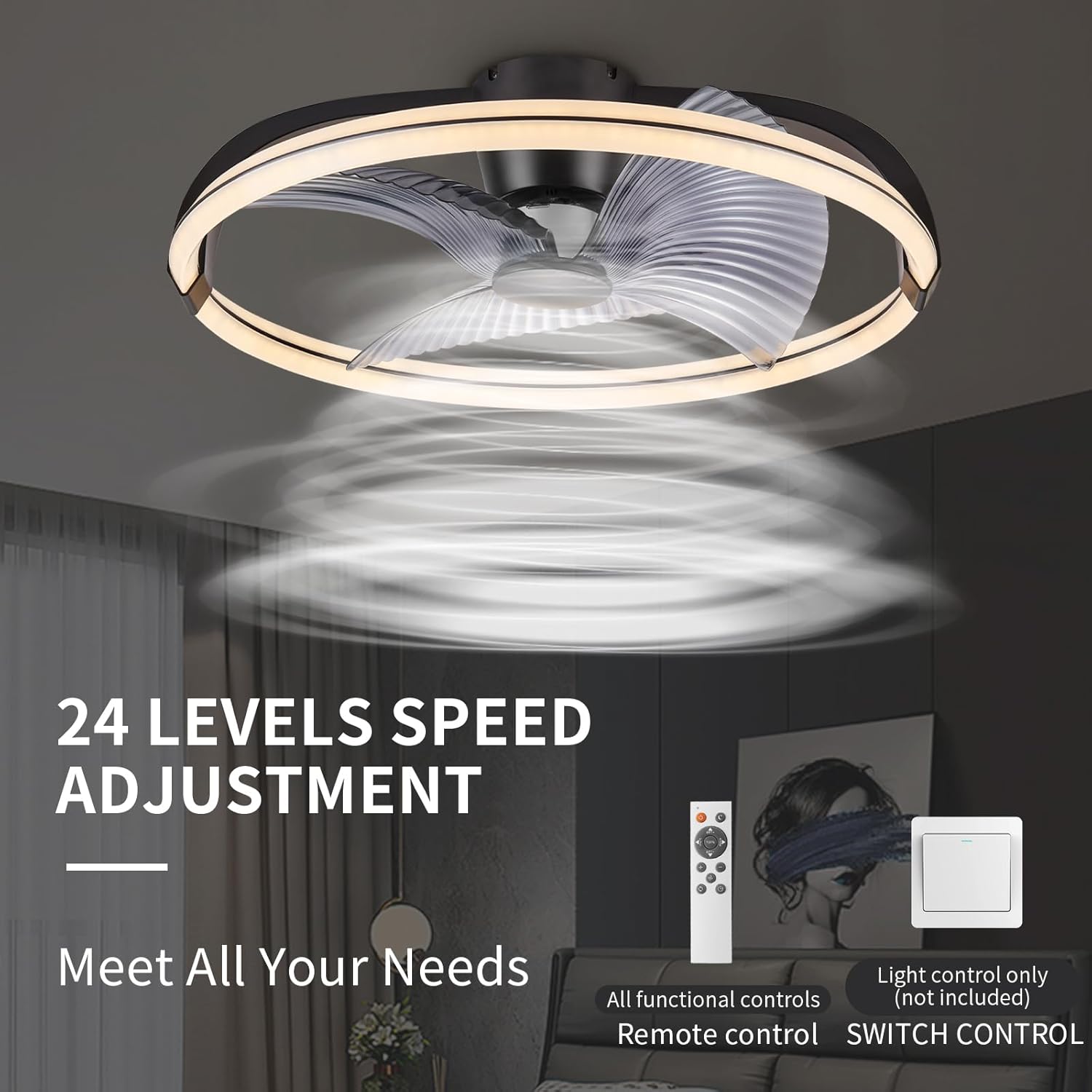 Ceiling fan with speed adjustment text and remote control in a room setting
