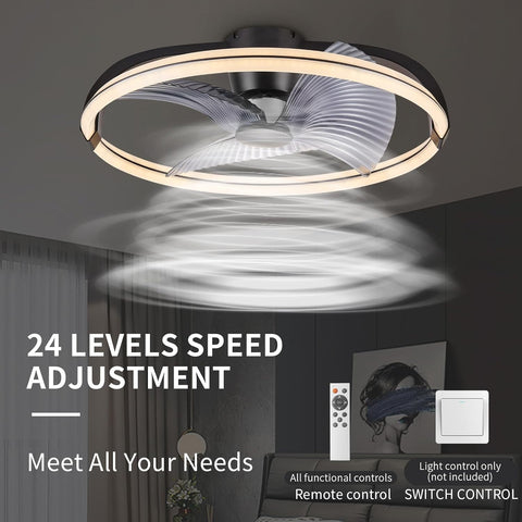 Ceiling fan with speed adjustment text and remote control in a room setting