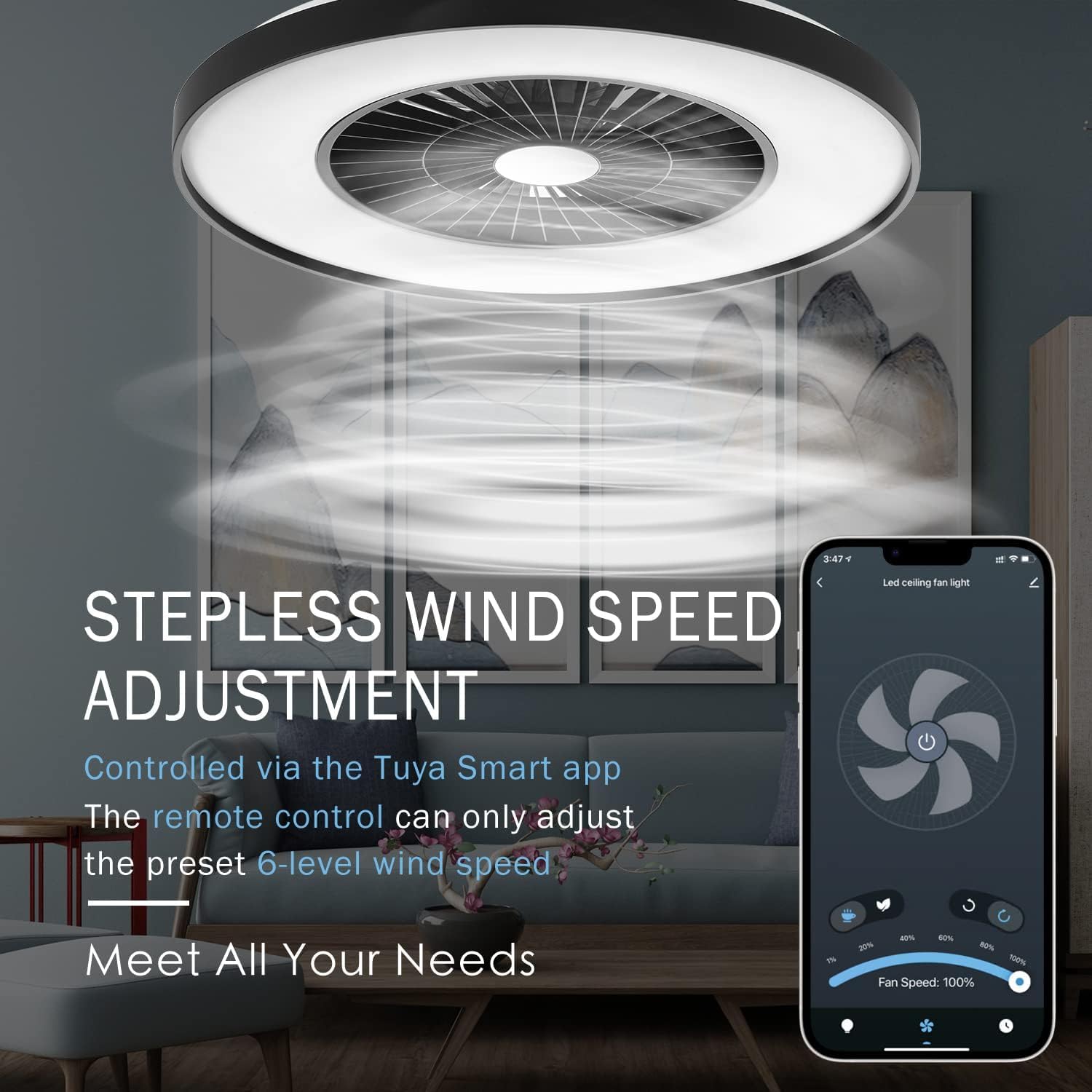 Ceiling fan with stepless wind speed adjustment feature shown in a living room setting, accompanied by a smartphone displaying the Tuya Smart app.
