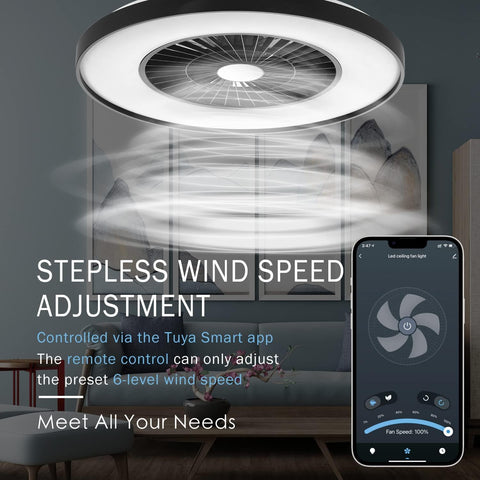 Ceiling fan with stepless wind speed adjustment feature shown in a living room setting, accompanied by a smartphone displaying the Tuya Smart app.