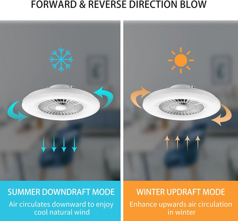 Ceiling fan with summer downdraft and winter updraft modes illustrated.