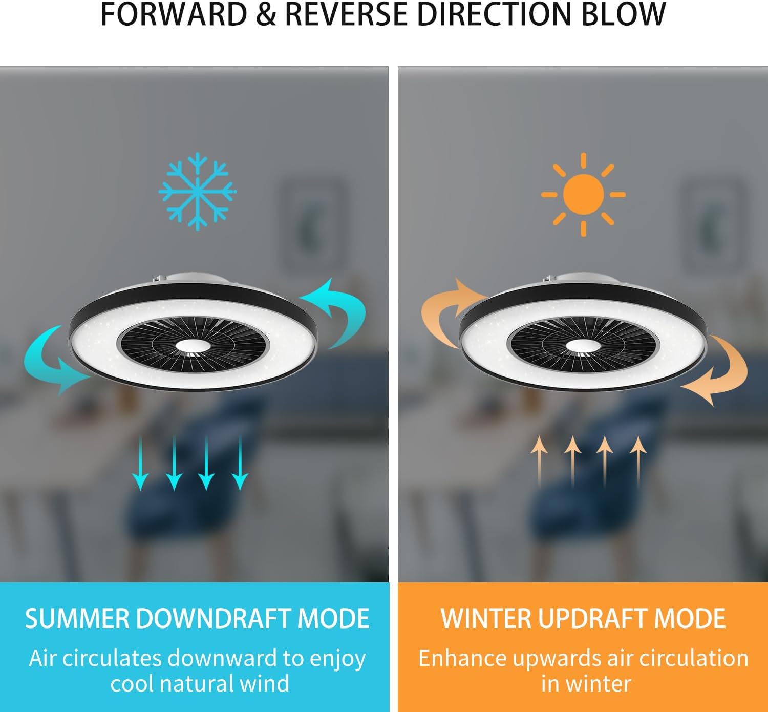 Ceiling fan with summer downdraft and winter updraft modes illustrated.