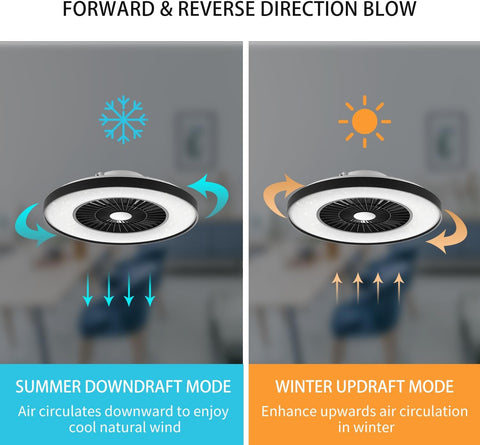 Ceiling fan with summer downdraft and winter updraft modes illustrated.