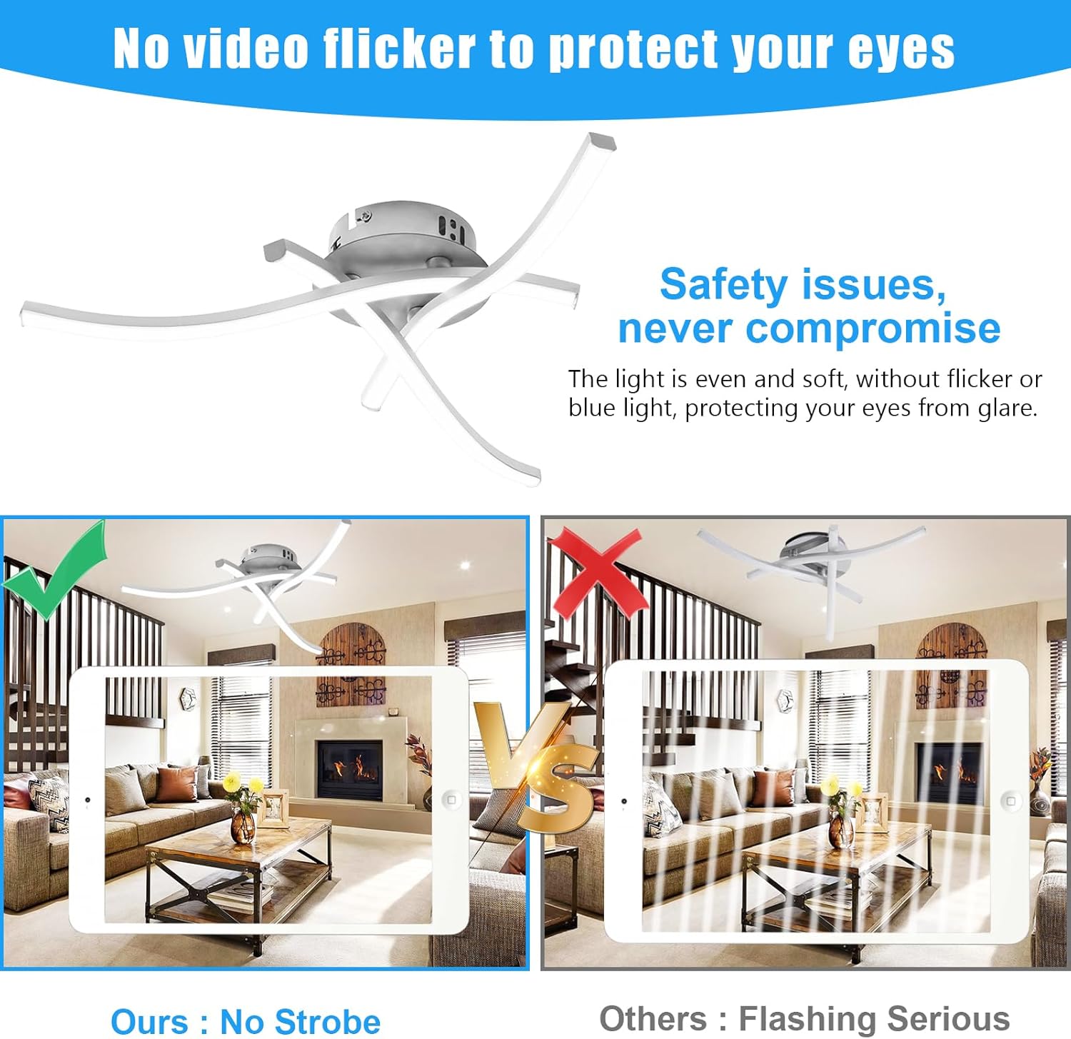 Ceiling fan with text about eye protection and safety issues, showing a comparison between 'Ours' and 'Others'.