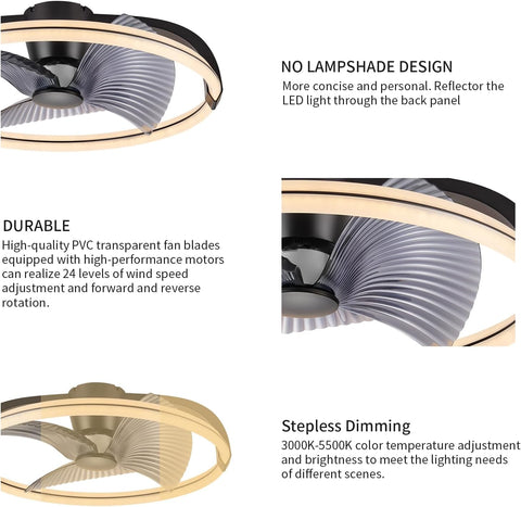 Ceiling fan with text highlighting features like no lampshade design, durability, stepless dimming, and high-quality blades.