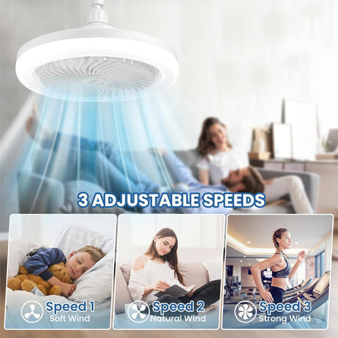 Ceiling fan with three adjustable speed indicators in a living room setting.