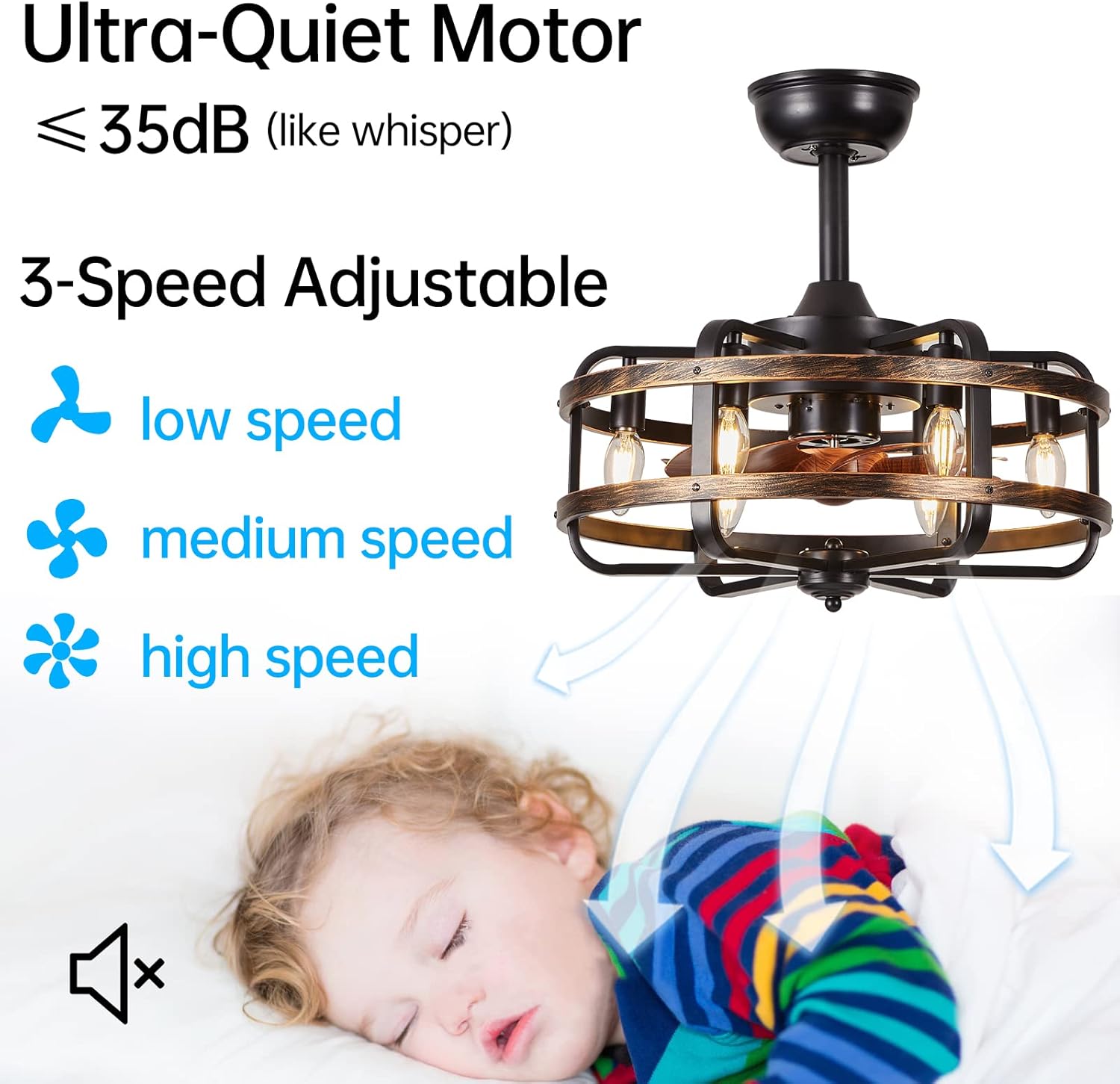 Ceiling fan with ultra-quiet motor and adjustable speed options, shown with a sleeping child.