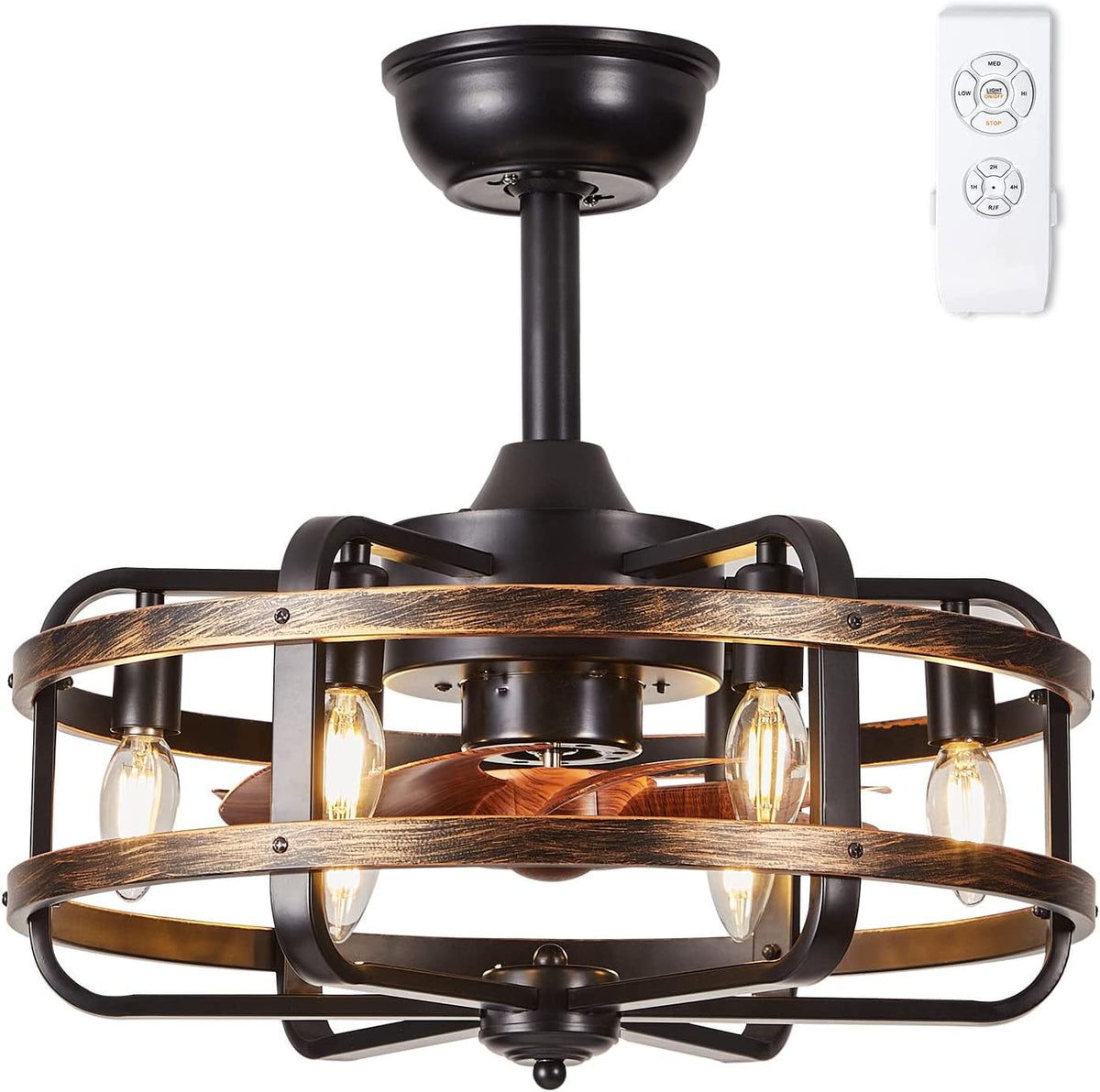 Ceiling fan with wooden accents and remote control on a white background