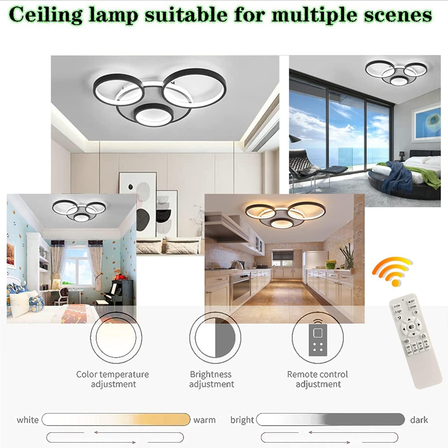 Ceiling lamp suitable for multiple scenes with control options and color temperature adjustment.