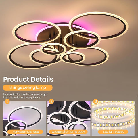 Ceiling lamp with eight rings on a brown background, featuring product details.