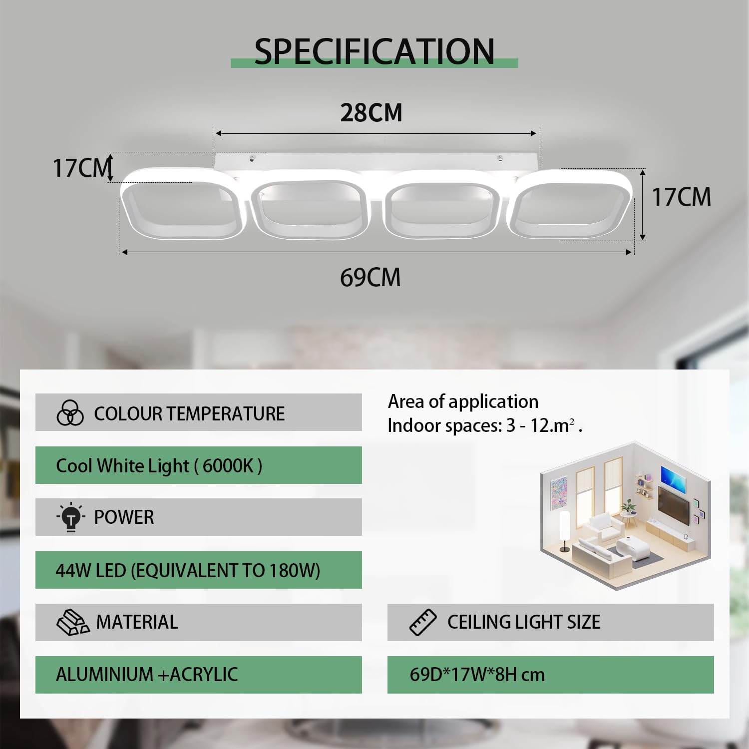 Ceiling light fixture with dimensions and specifications on a gray background