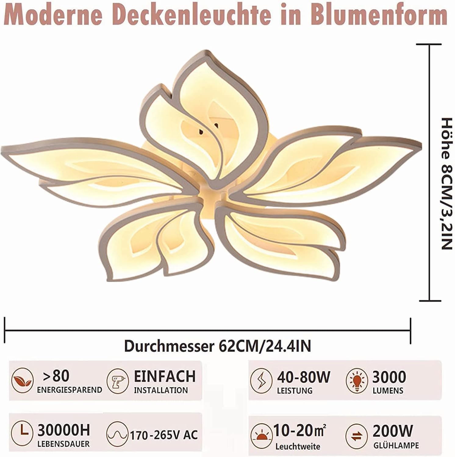 Ceiling light fixture with floral design and dimensions on a white background
