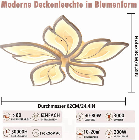 Ceiling light fixture with floral design and dimensions on a white background