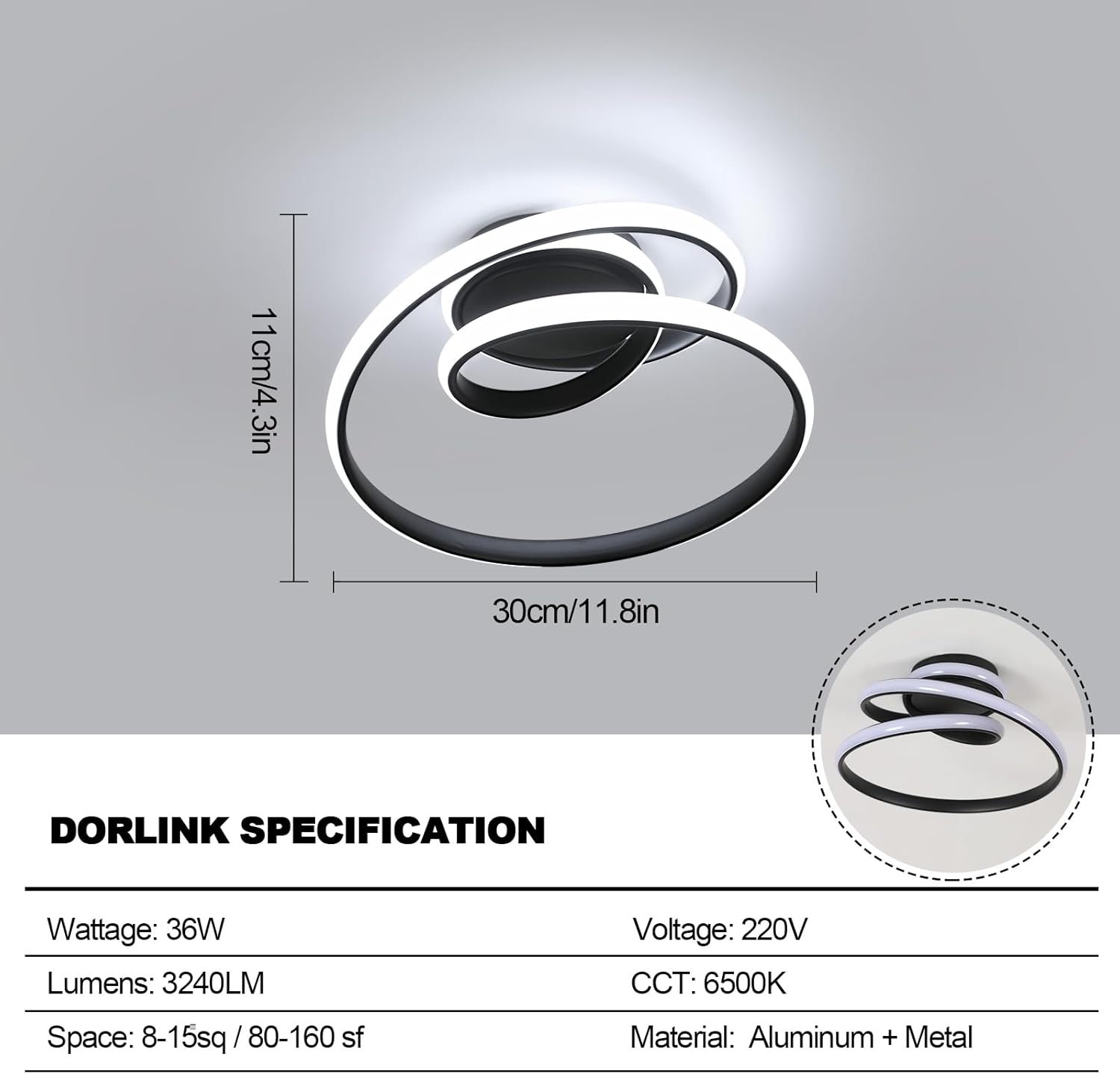 Ceiling light fixture with dimensions and specifications on a gray background