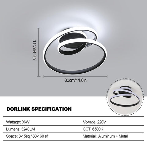Ceiling light fixture with dimensions and specifications on a gray background