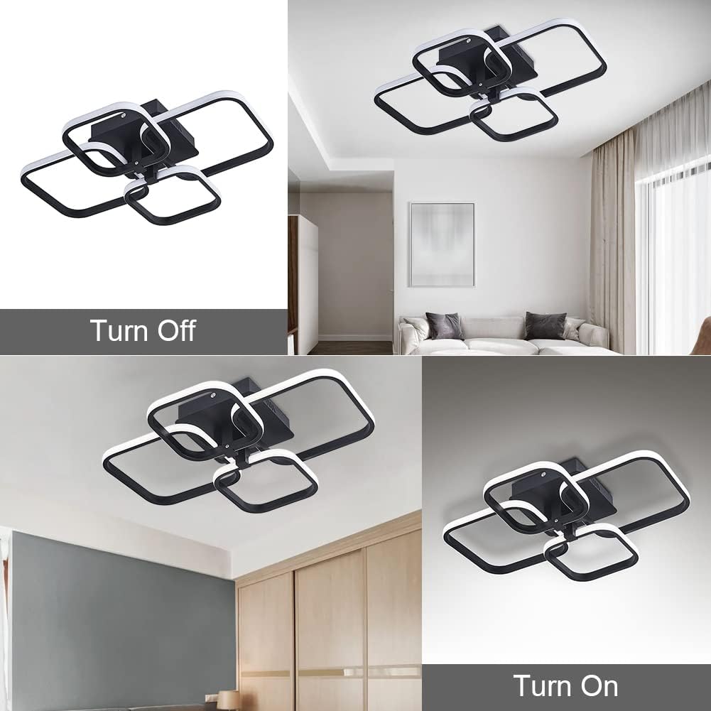 Ceiling light fixture shown in 'Turn Off' and 'Turn On' states with a living room background.