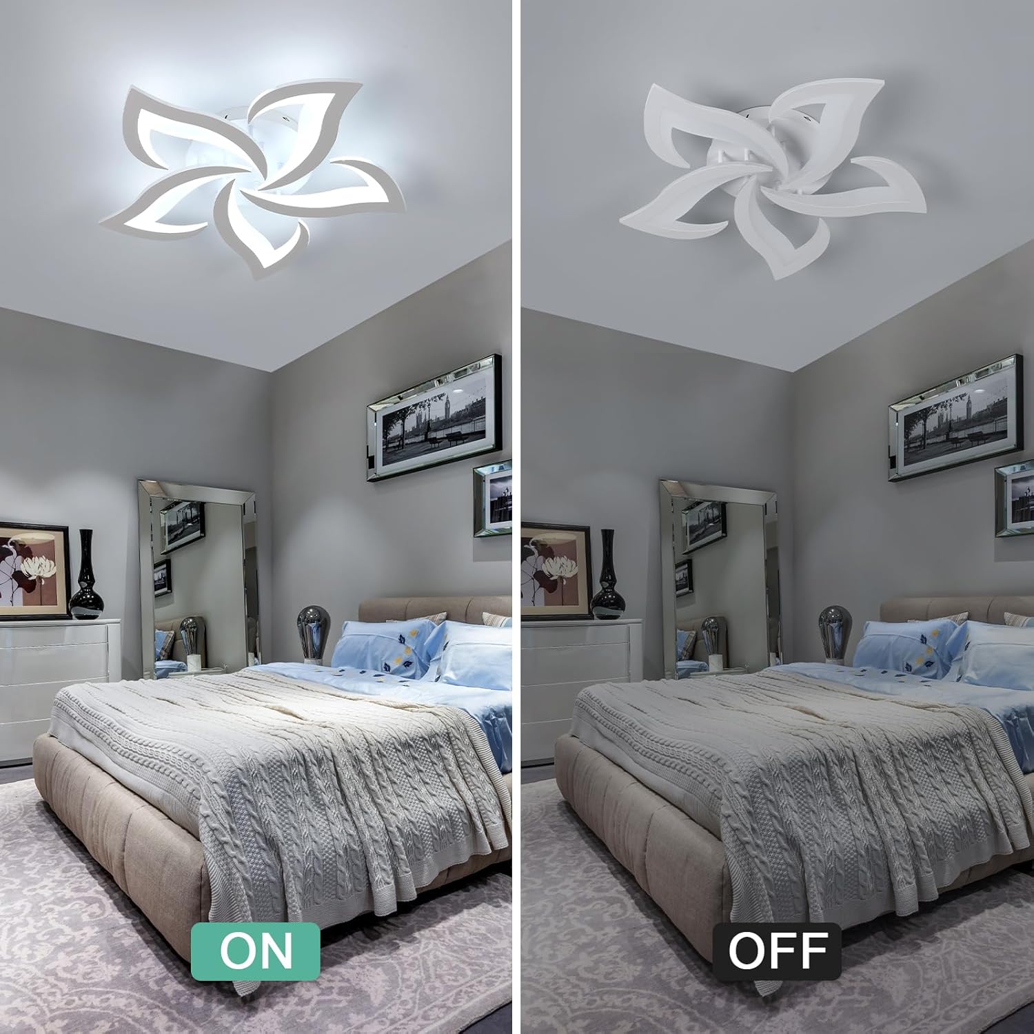 Ceiling light fixture comparison in a bedroom setting with 'ON' and 'OFF' labels.