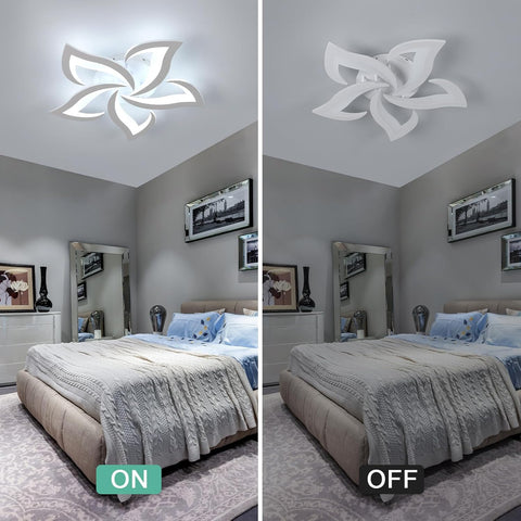 Ceiling light fixture comparison in a bedroom setting with 'ON' and 'OFF' labels.
