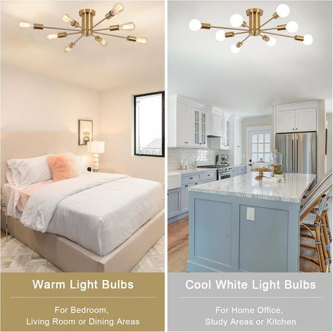Ceiling light fixture in a bedroom and kitchen with text indicating bulb color for different rooms.