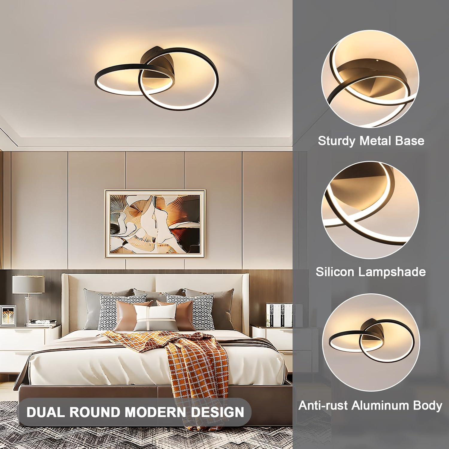 Ceiling light fixture in a bedroom setting with features highlighted.