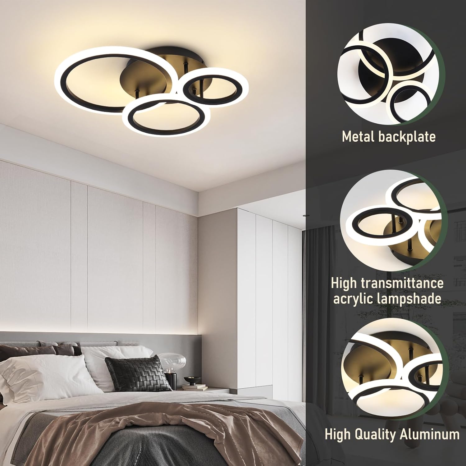 Ceiling light fixture in a bedroom with close-up details on material quality.
