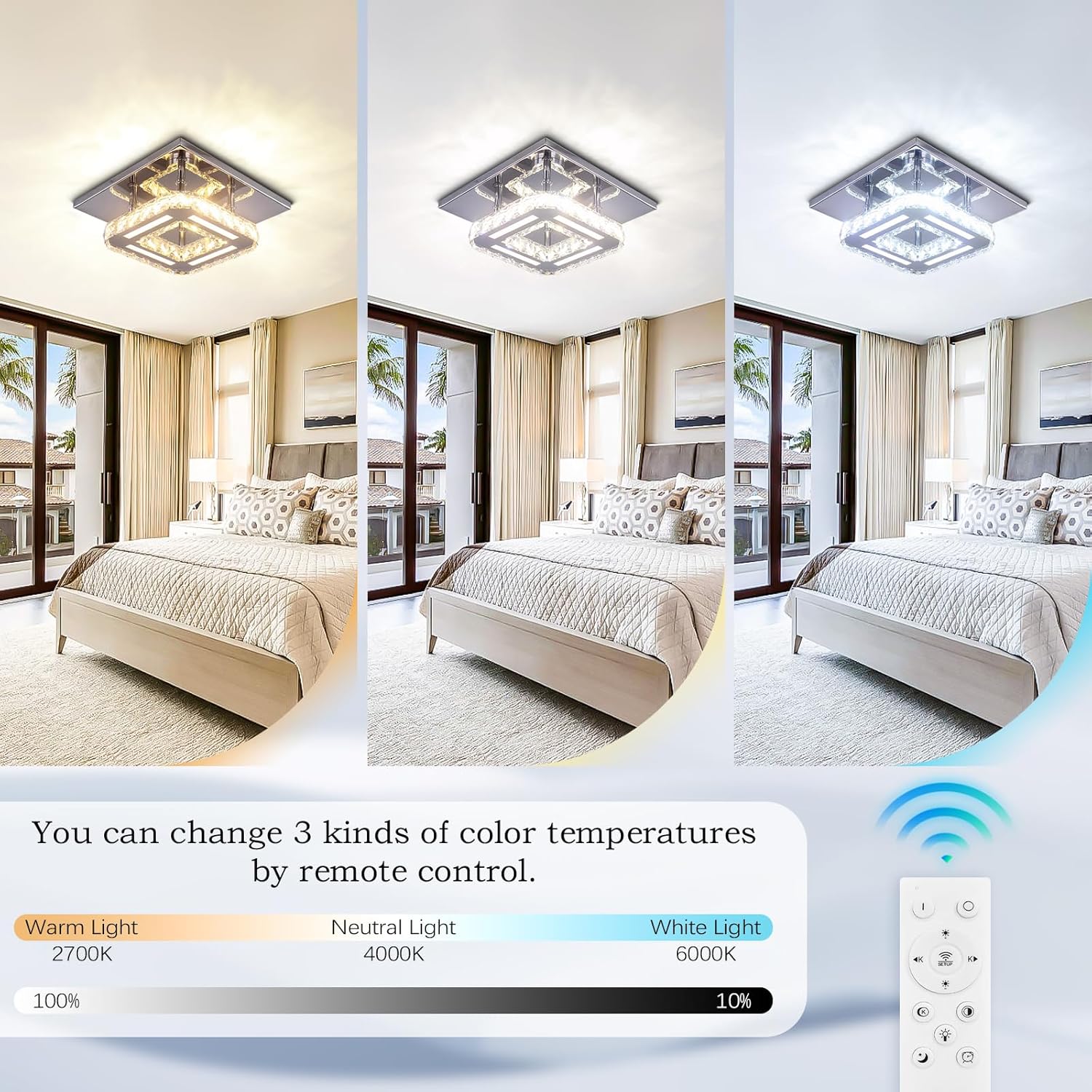 Ceiling light fixture in a bedroom with color temperature options displayed.
