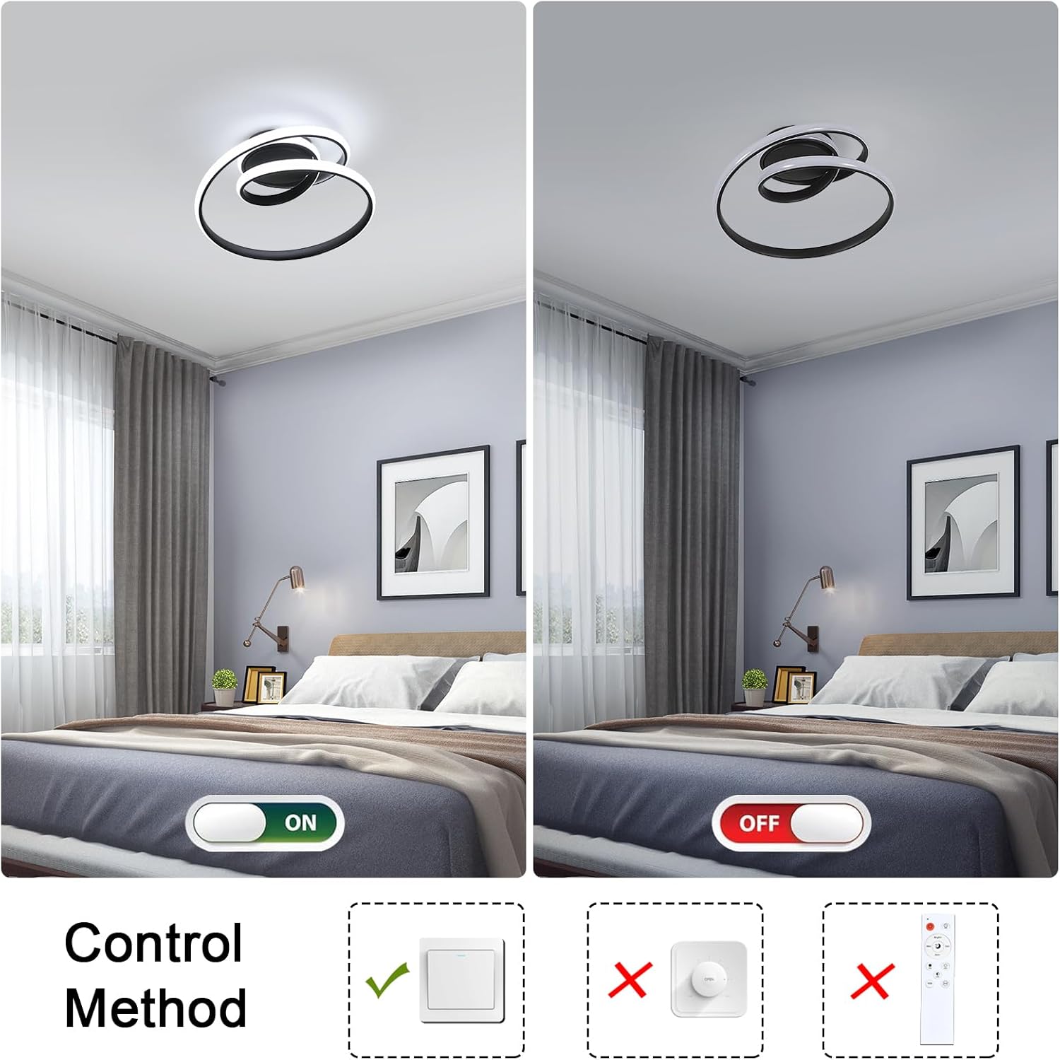 Ceiling light fixture in a bedroom with control method illustration below.