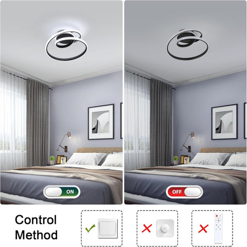 Ceiling light fixture in a bedroom with control method illustration below.