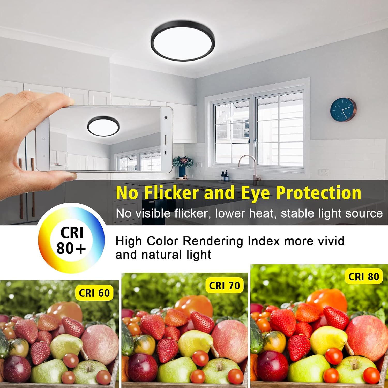 Ceiling light fixture in a kitchen with text highlighting features like no flicker and eye protection, and color rendering index.