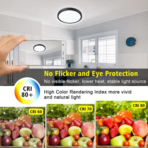 Ceiling light fixture in a kitchen with text highlighting features like no flicker and eye protection, and color rendering index.