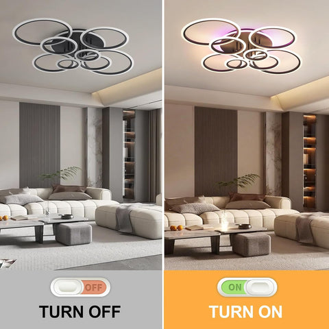 Ceiling light fixture in a living room with 'Turn Off' and 'Turn On' labels.