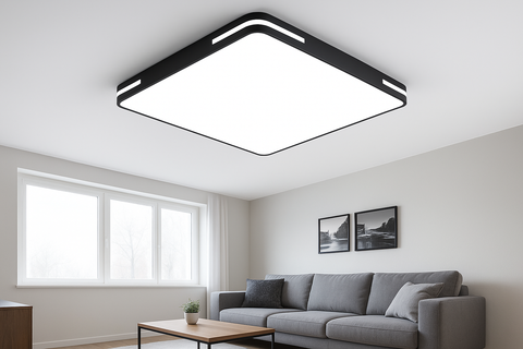 Ceiling light fixture in a living room with a gray sofa and window