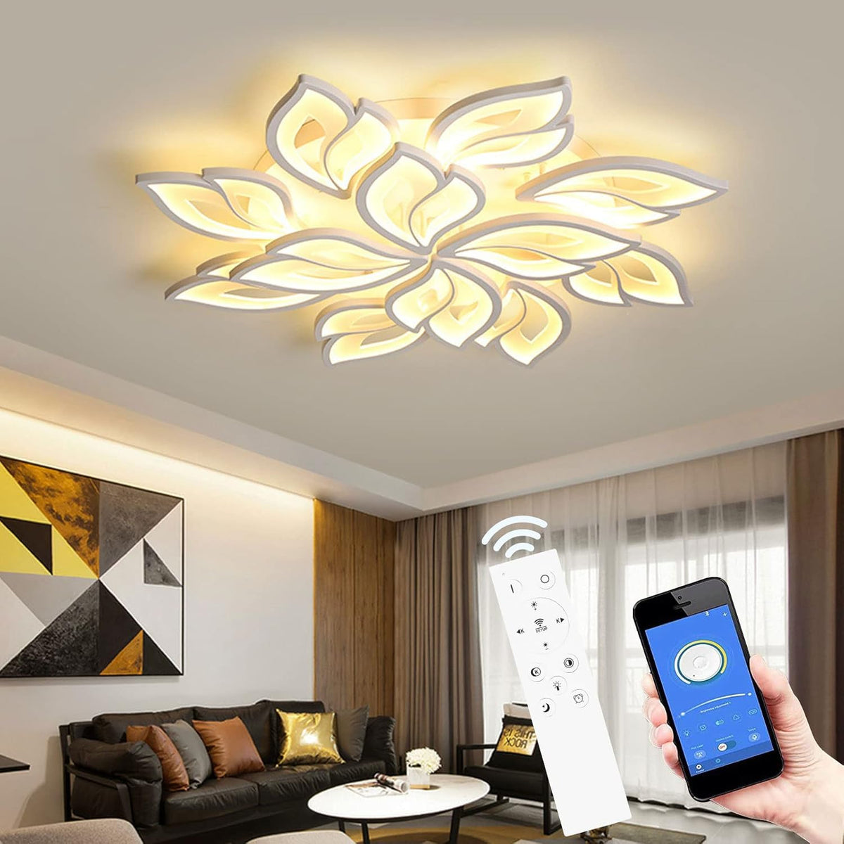 Ceiling light fixture in a living room with remote control and smartphone app.