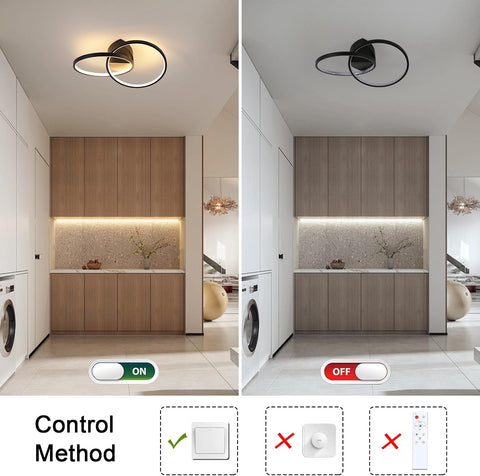 Ceiling light fixture in a modern kitchen with control method illustration.