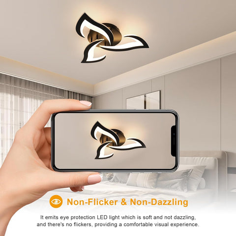 Ceiling light fixture in a room with a hand holding a phone showing the light fixture on screen.