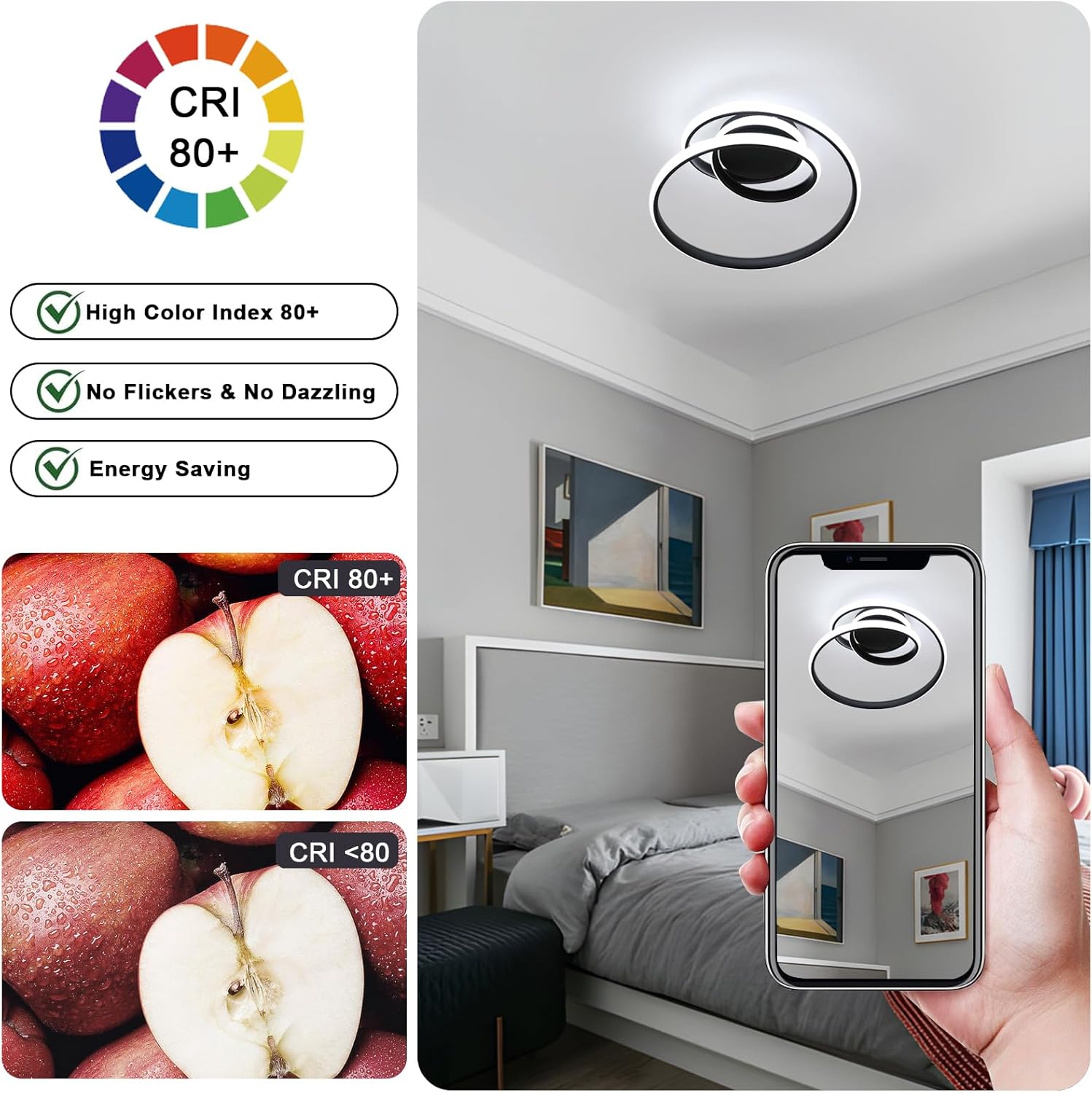 Ceiling light fixture in a room with a smartphone displaying the light's color rendering index.
