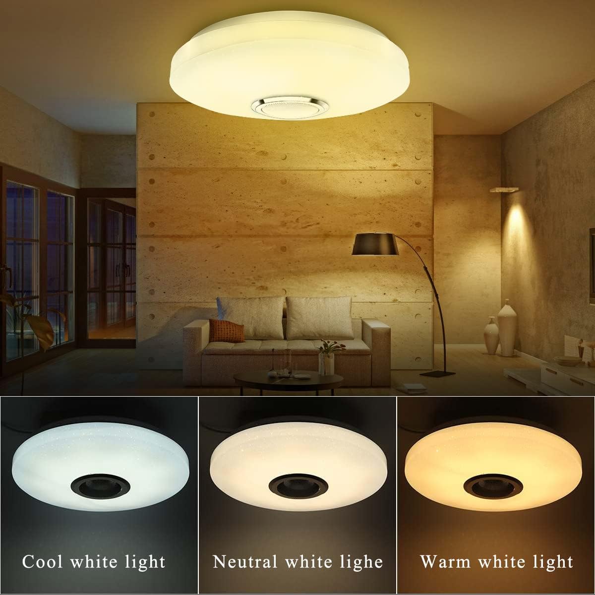 Ceiling light fixture in a room with different color temperature options displayed below.