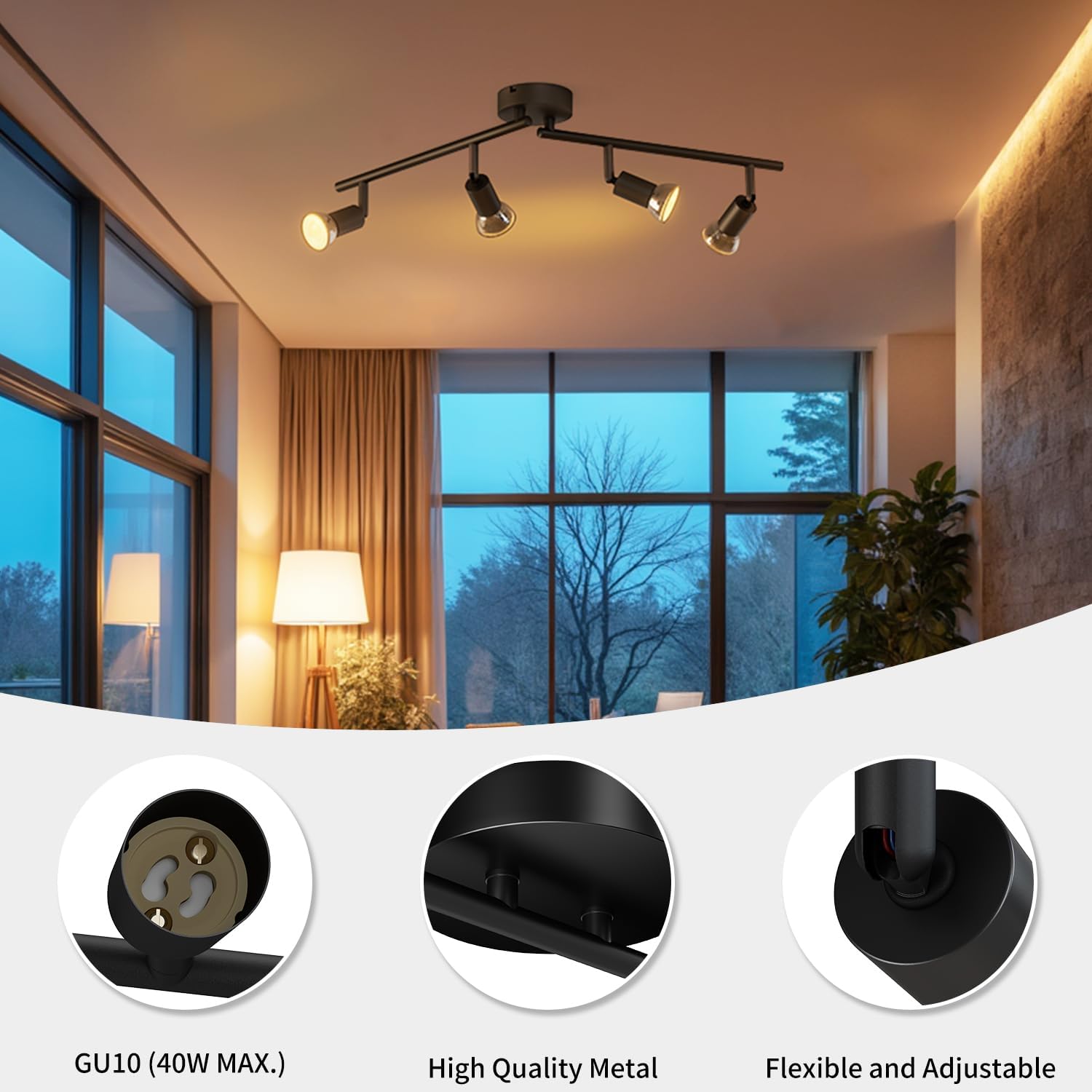 Ceiling light fixture in a room with large windows and decorative elements.