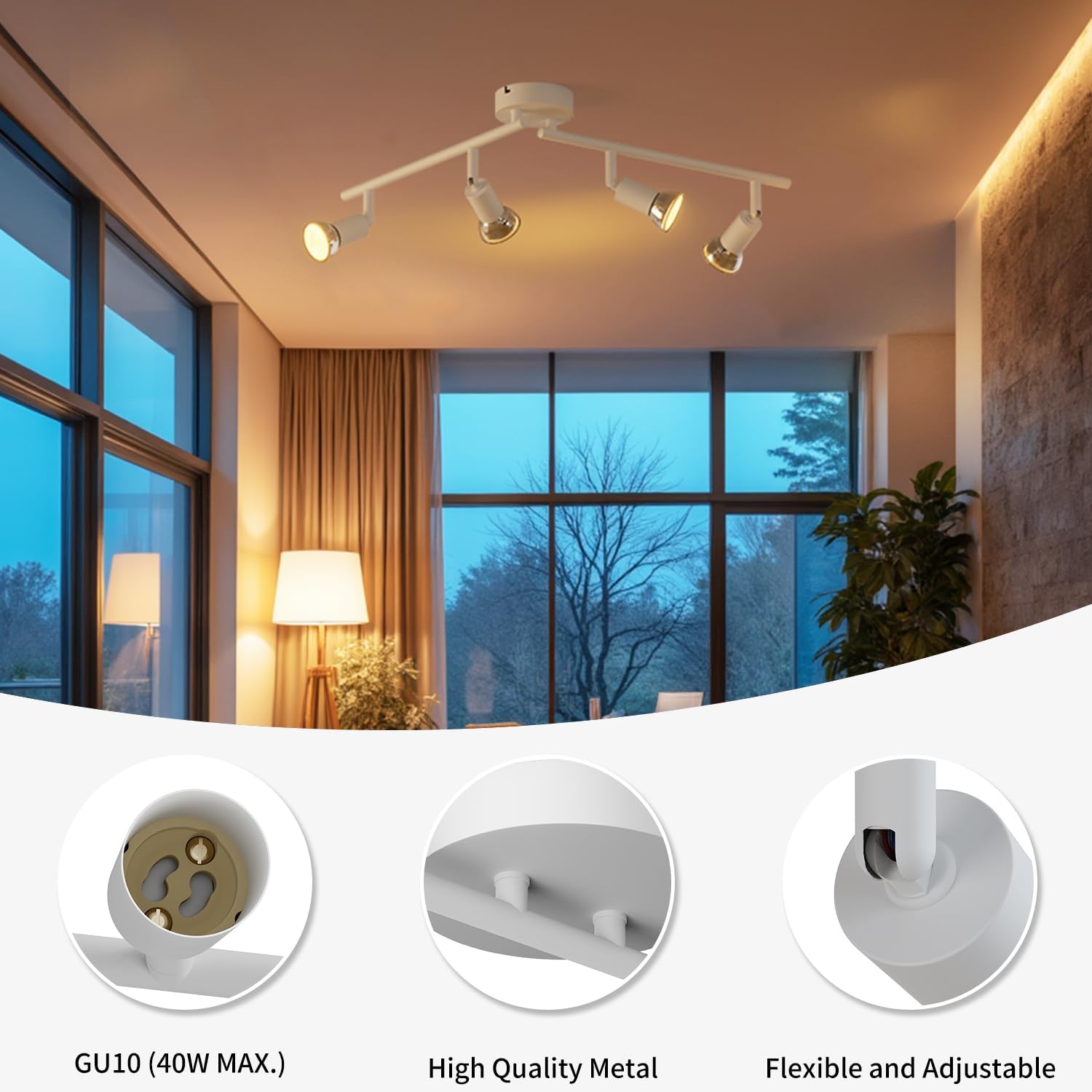 Ceiling light fixture in a room with large windows, showing its features and specifications.