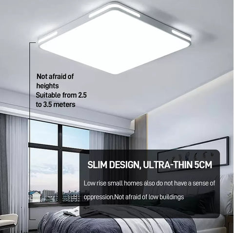 Ceiling light fixture in a room with text highlighting its features