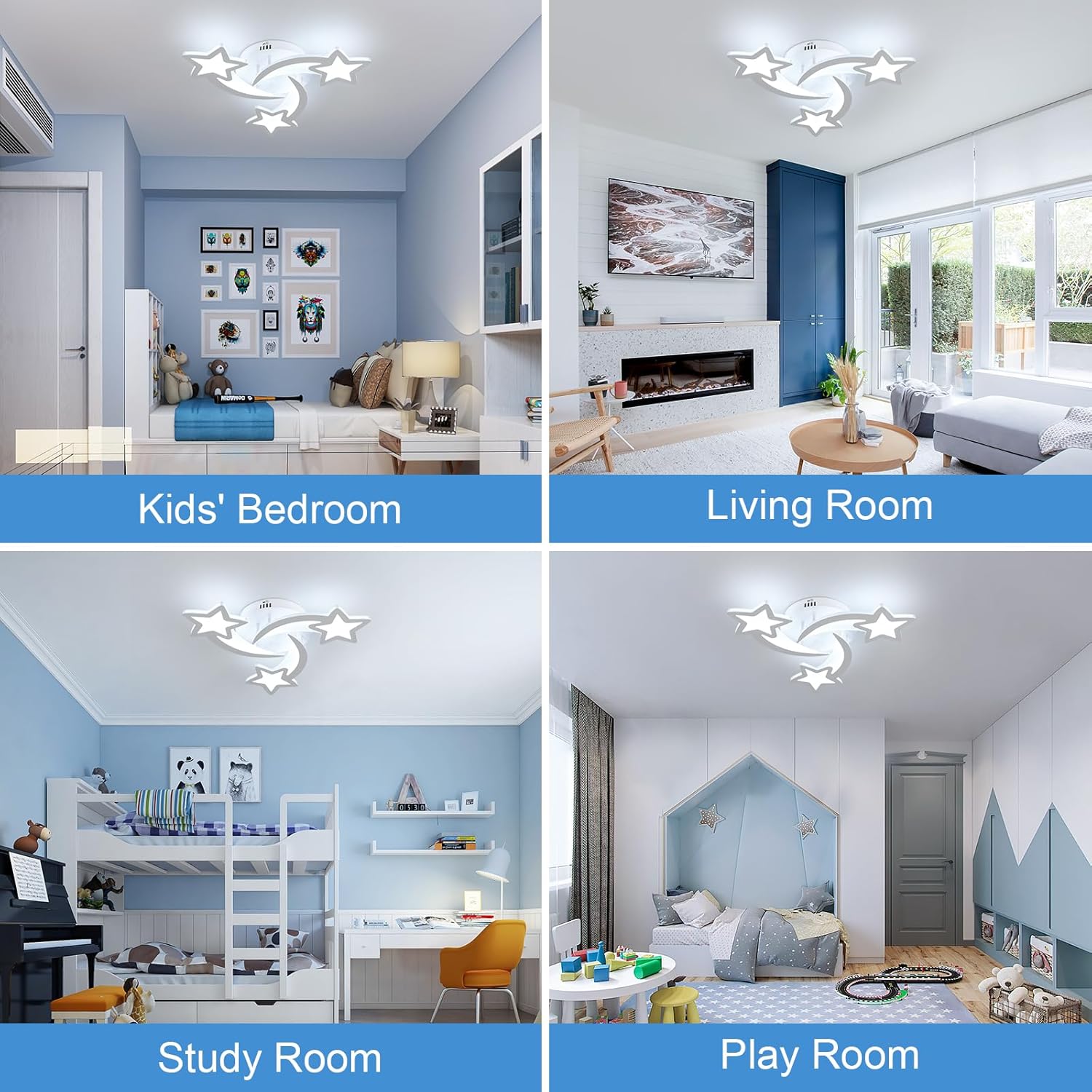 Ceiling light fixture in various rooms including a kids' bedroom, living room, study room, and play room.
