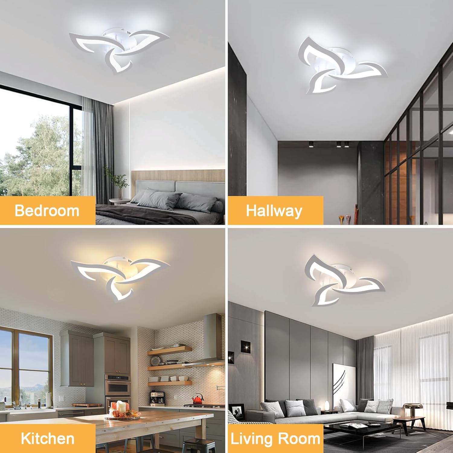 Ceiling light fixture in various rooms including bedroom, hallway, kitchen, and living room.