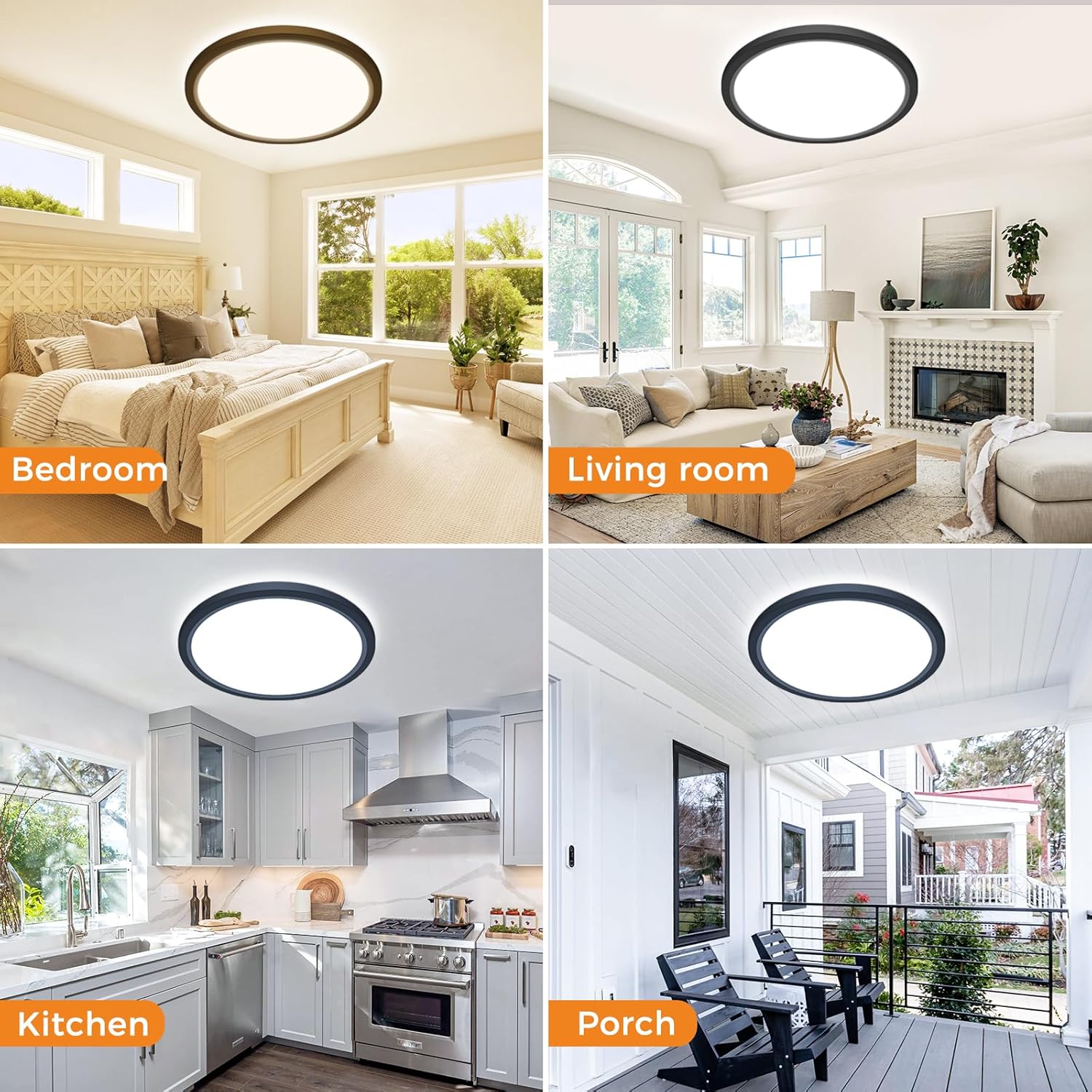 Ceiling light fixture in various rooms including bedroom, living room, kitchen, and porch.