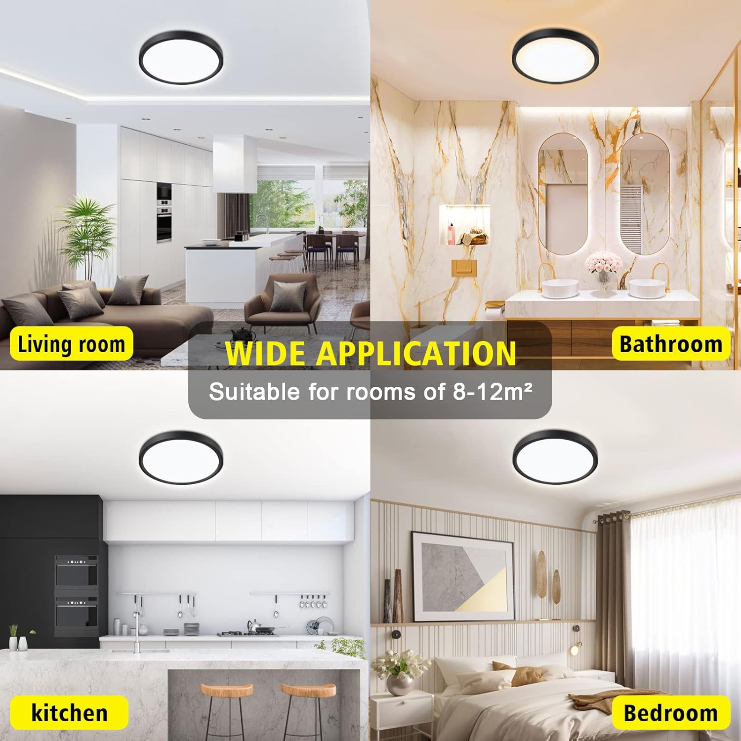 Ceiling light fixture in various rooms including living room, bathroom, kitchen, and bedroom with text indicating its wide application.
