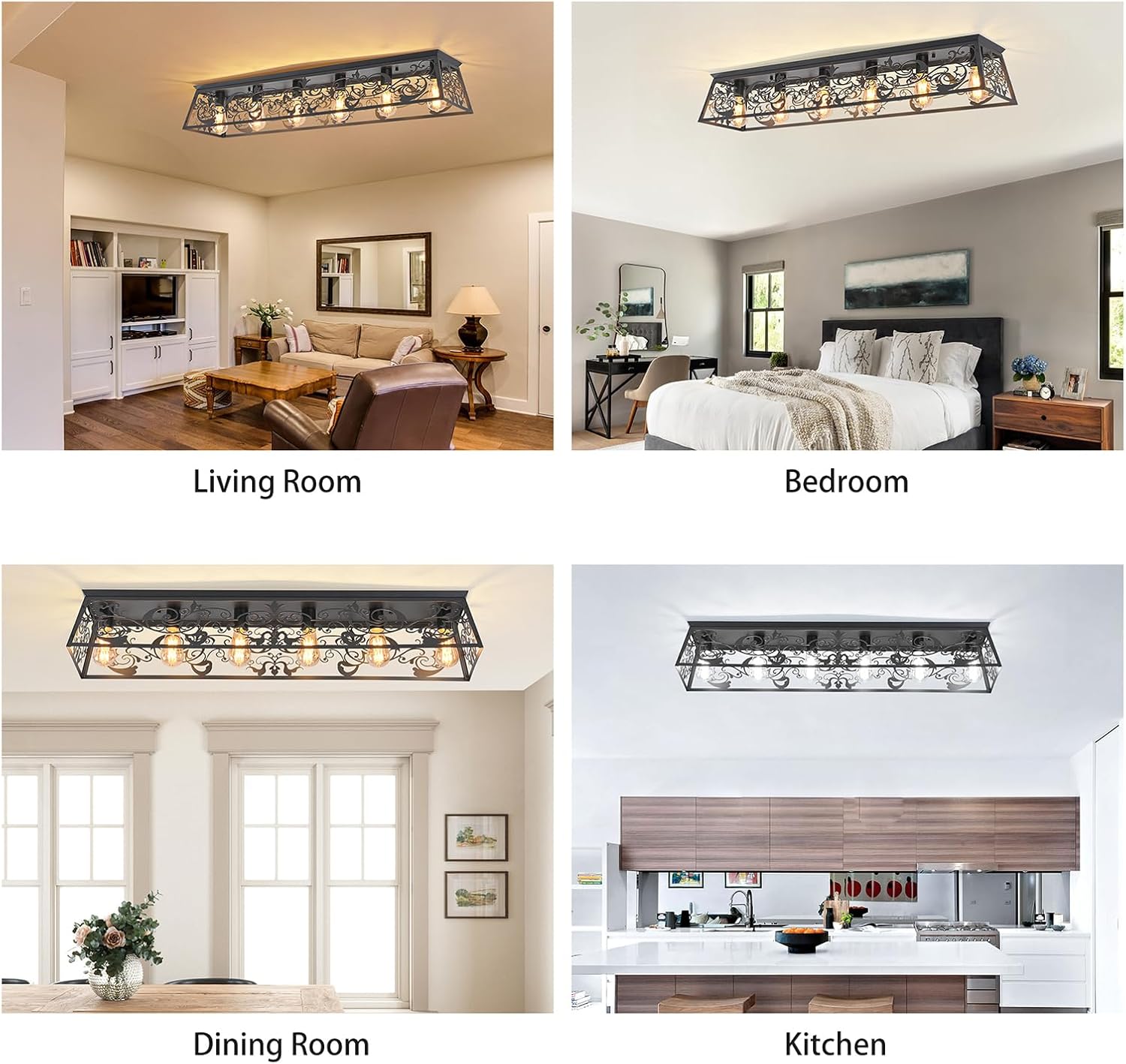 Ceiling light fixture in various rooms including living room, bedroom, dining room, and kitchen.