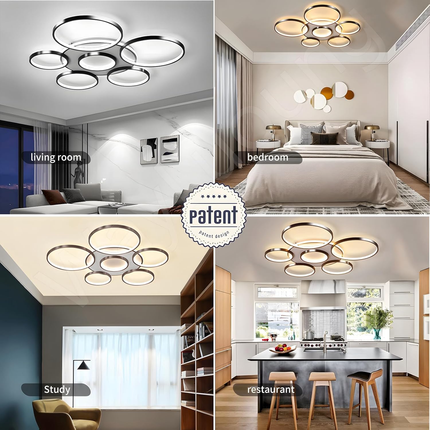 Ceiling light fixture in various rooms including living room, bedroom, study, and restaurant.